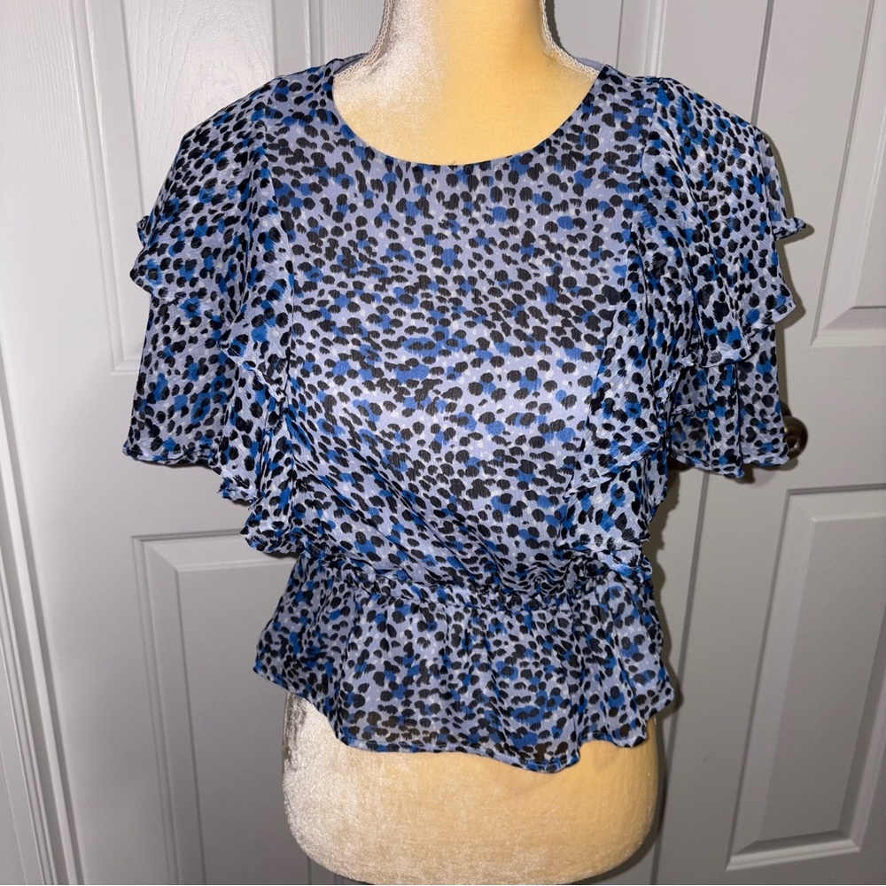Express Blue and Black Dot Ruffle Sleeve Top S